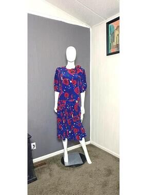 1980's Silk Drop Waist Dress Blue Funky New Wave print